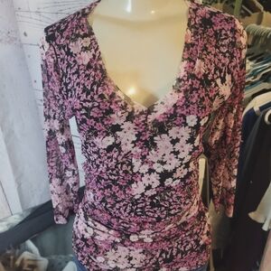 INC International Concept mesh Longsleeve flower V-neck top